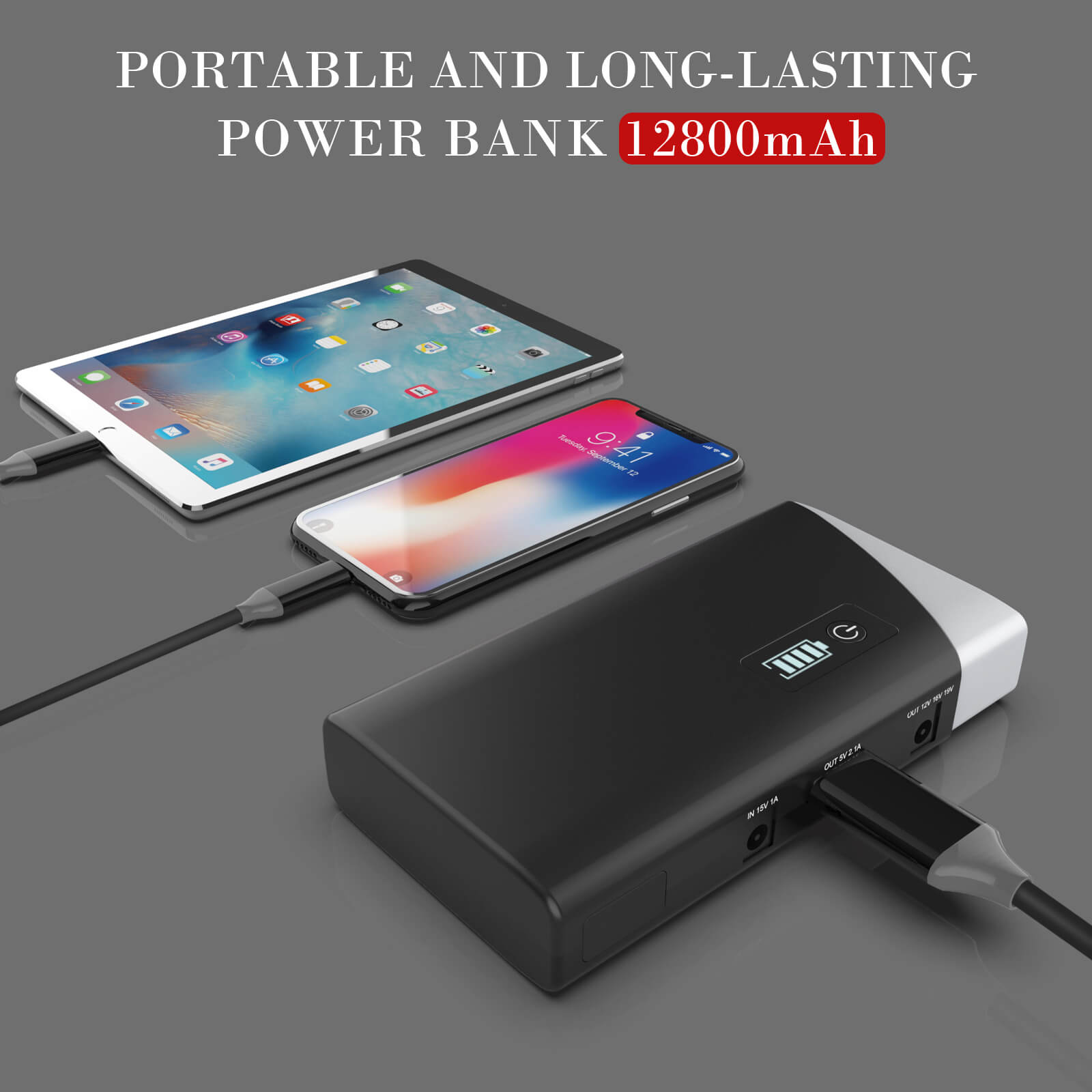 12800mAh built-in lithium power bank function of Inorising MS200 portable car battery jump starter.