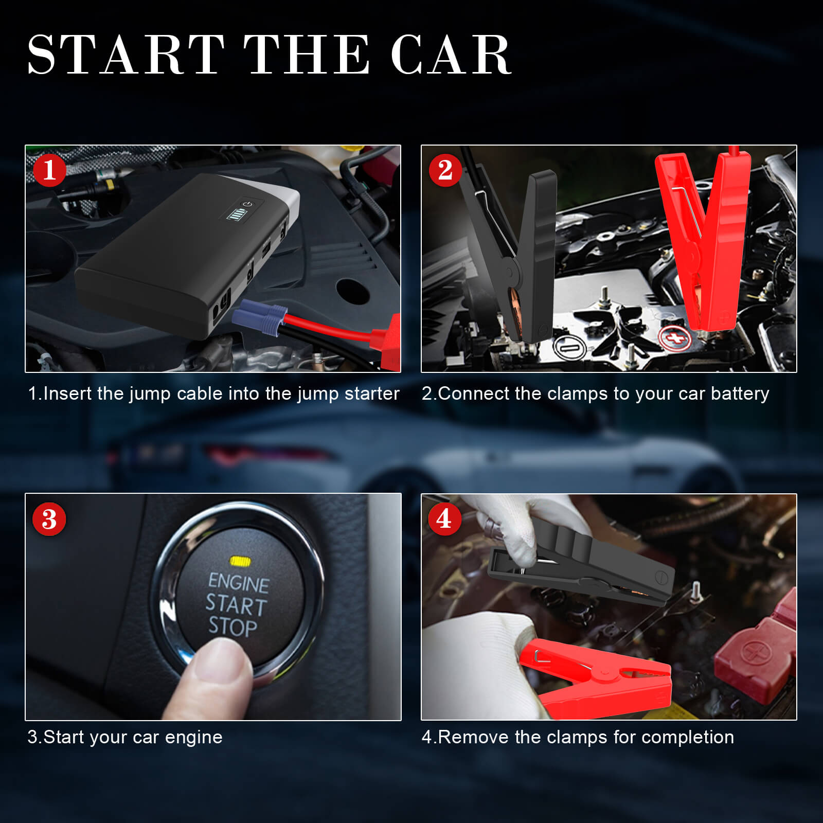 how to connect clamps and use the Inorising MS200 jump starter to start a car.