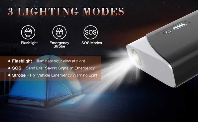 LED flashlight, strobe, and SOS emergency light modes on the Inorising MS200 lithium jump starter.