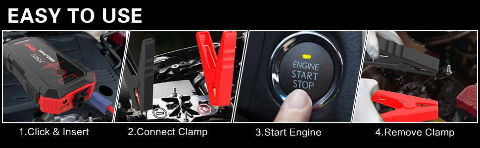 Step-by-step guide on how to use the Inorising jump starter to start a car or motorcycle safely.