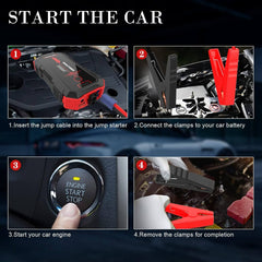 Instructions showing how to connect the Inorising lithium jump starter to a car battery and start the engine.