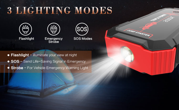 Built-in LED modes of the Inorising MS-401 lithium jump starter – flashlight, strobe, and SOS for roadside emergencies.