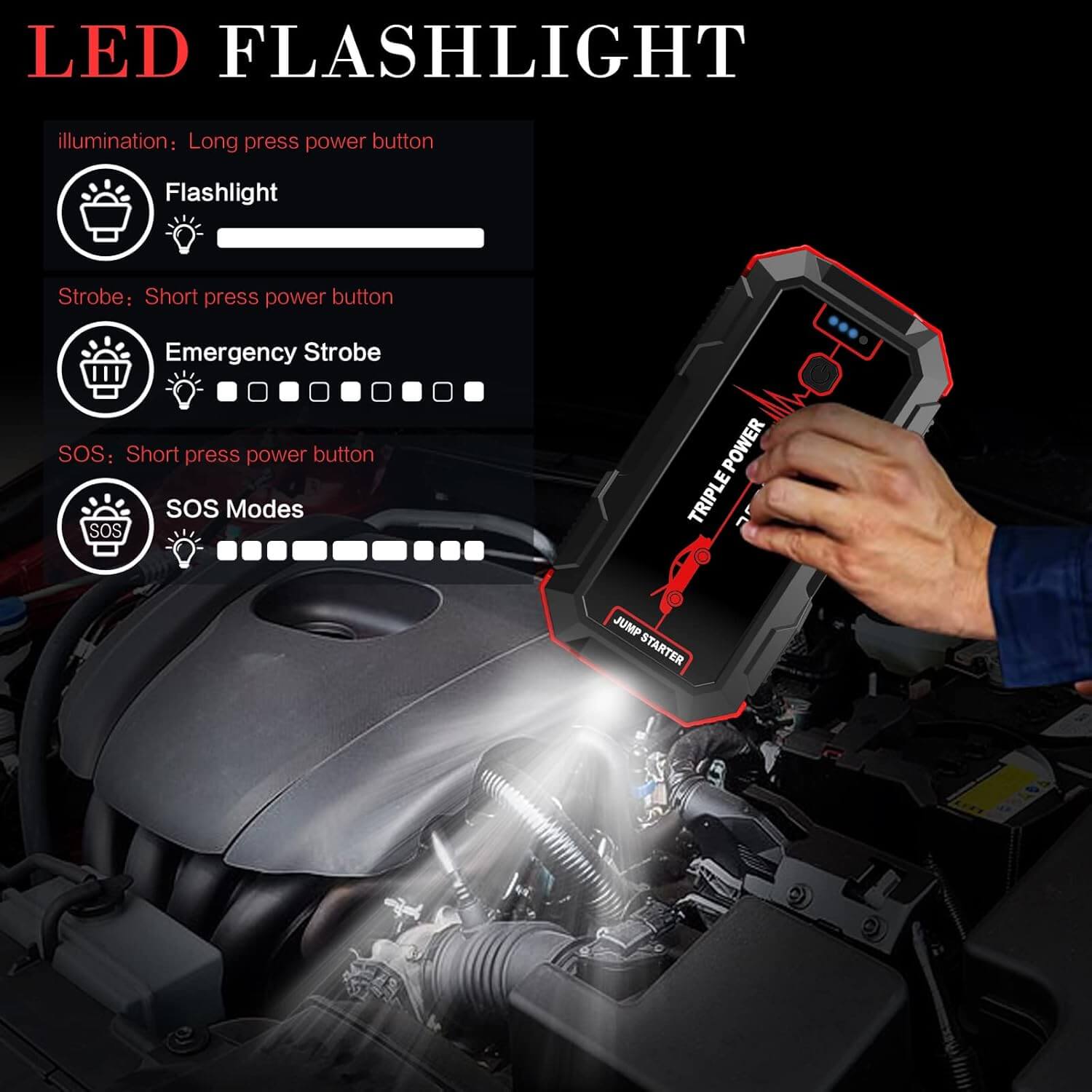 Demonstration of the LED light on the Inorising lithium jump starter MS-401 – emergency lighting for vehicles.