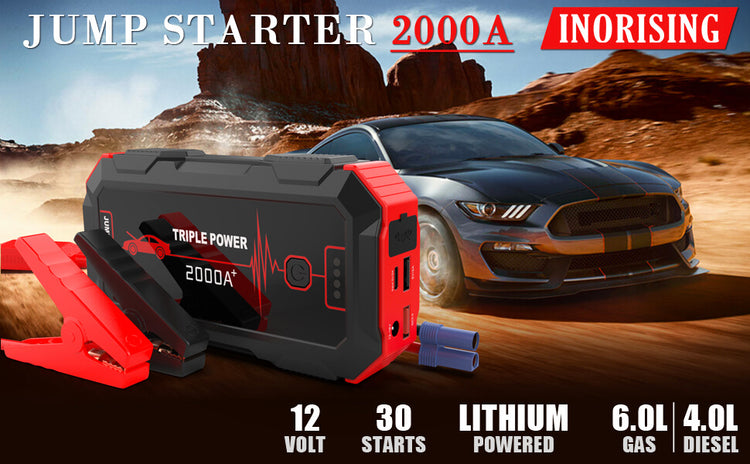 Powerful 2000A peak current feature of the Inorising jump starter – suitable for car batteries and motorcycle jump starts.