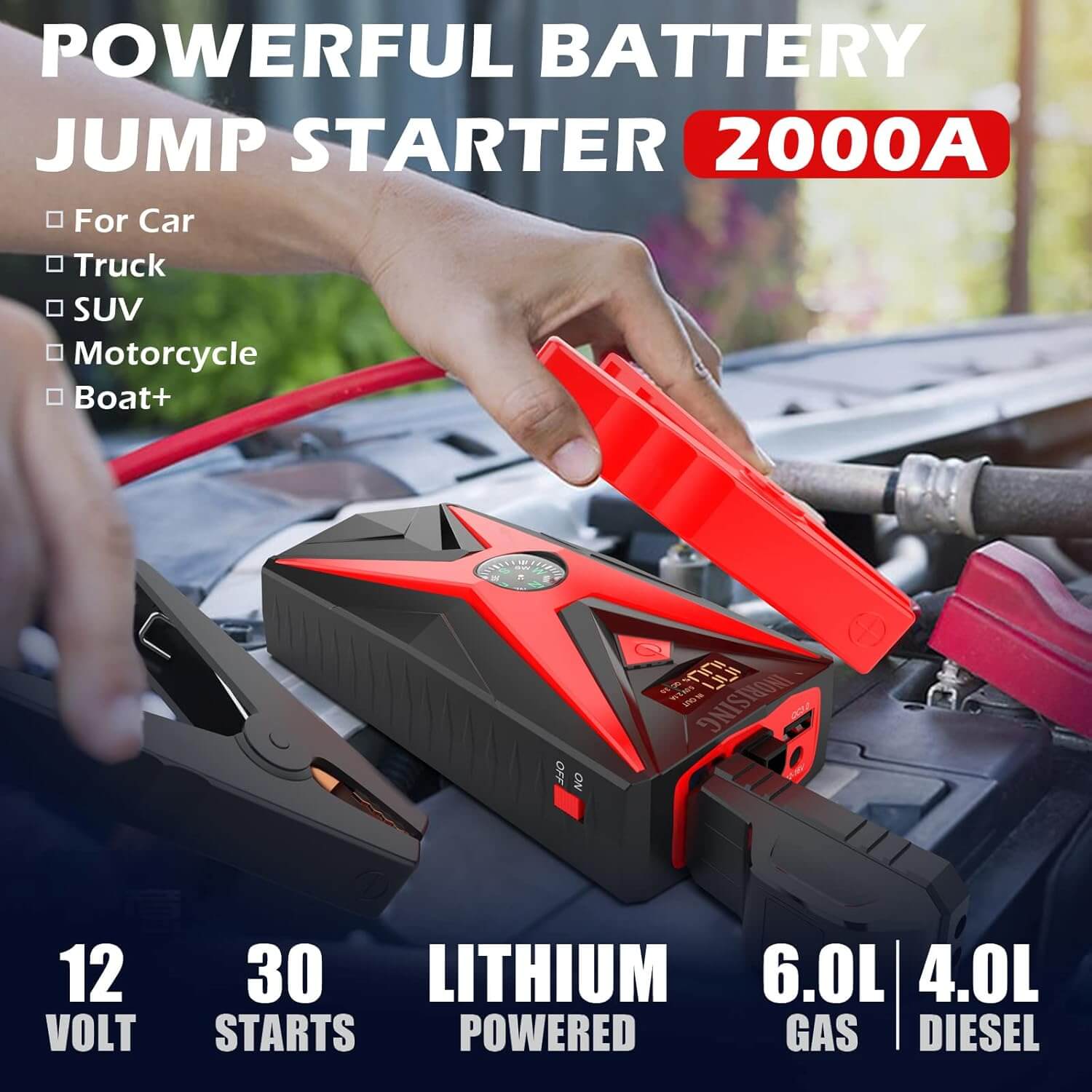 Inorising MS-402 battery car jump starter delivering 2000A peak current, suitable for SUVs, trucks, and motorcycles.