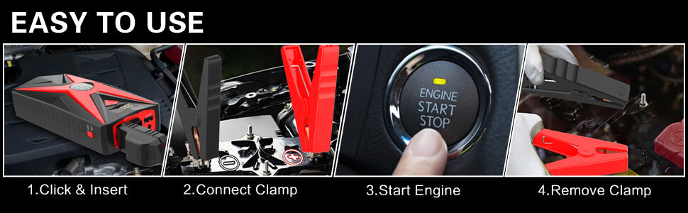 Instructions showing how to connect and use the Inorising MS-402 jump starter with a car battery.