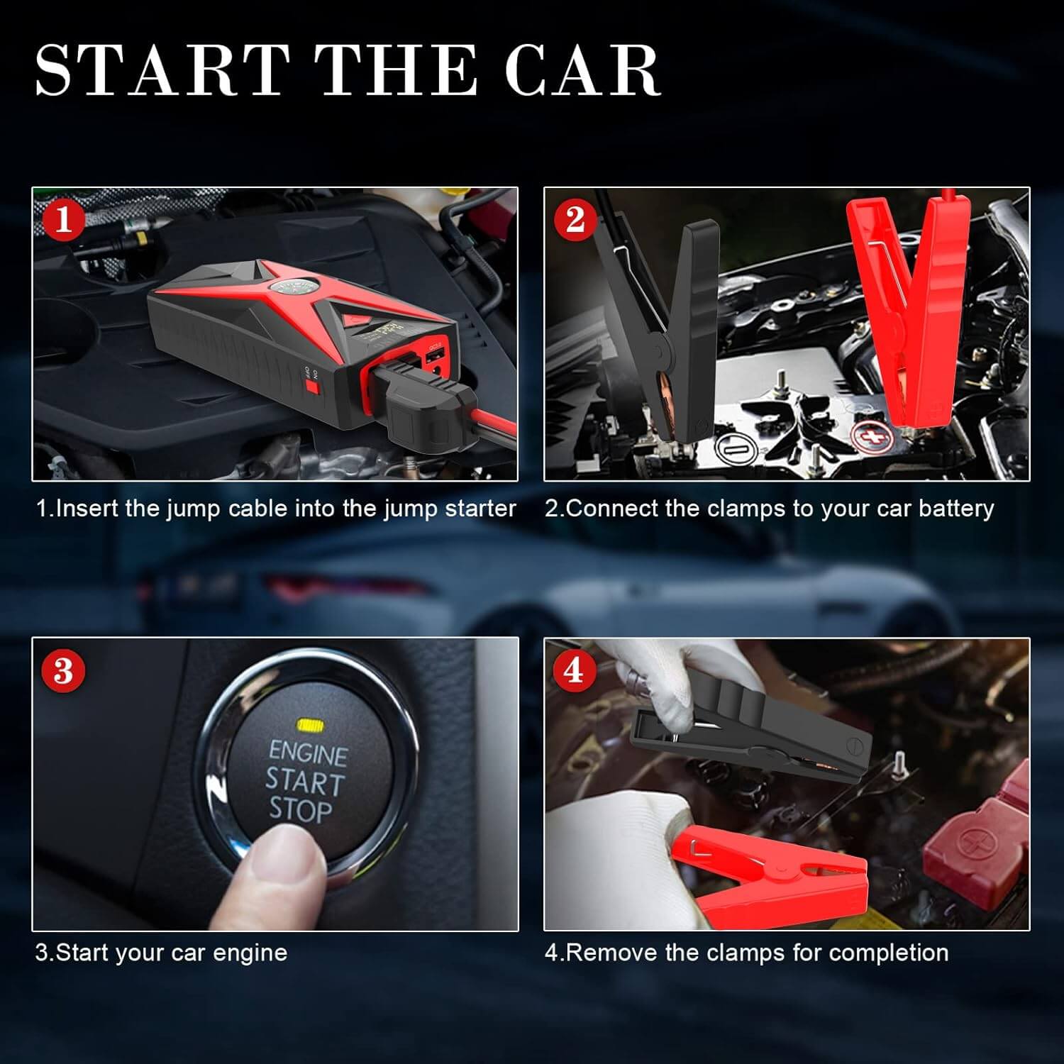 Instructions showing how to connect and use the Inorising MS-402 jump starter with a car battery.