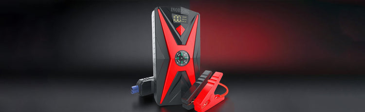 Promotional banner of the Inorising MS-402 lithium battery car and motorcycle jump starter.