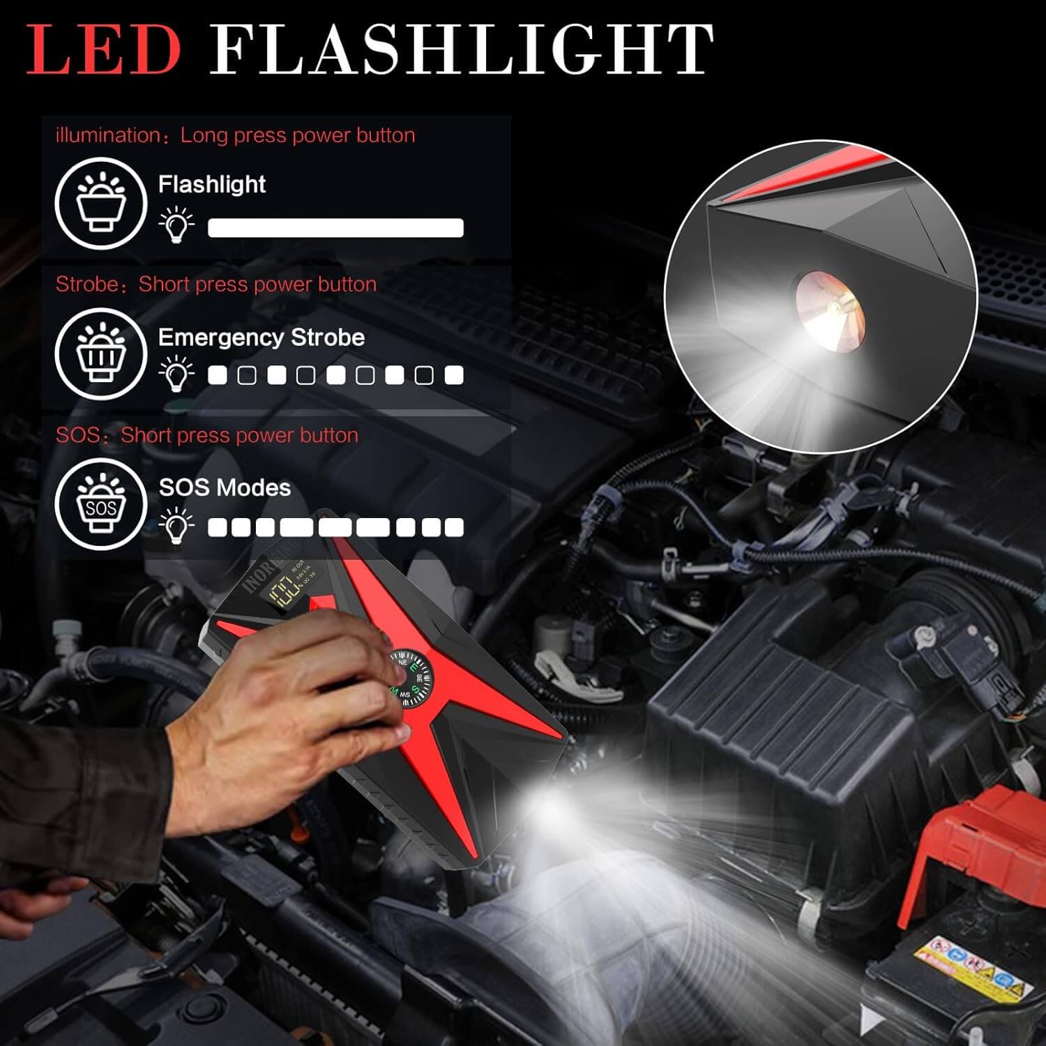 LED light function of the Inorising MS-402 jump starter, providing flashlight, SOS, and strobe modes for emergencies.