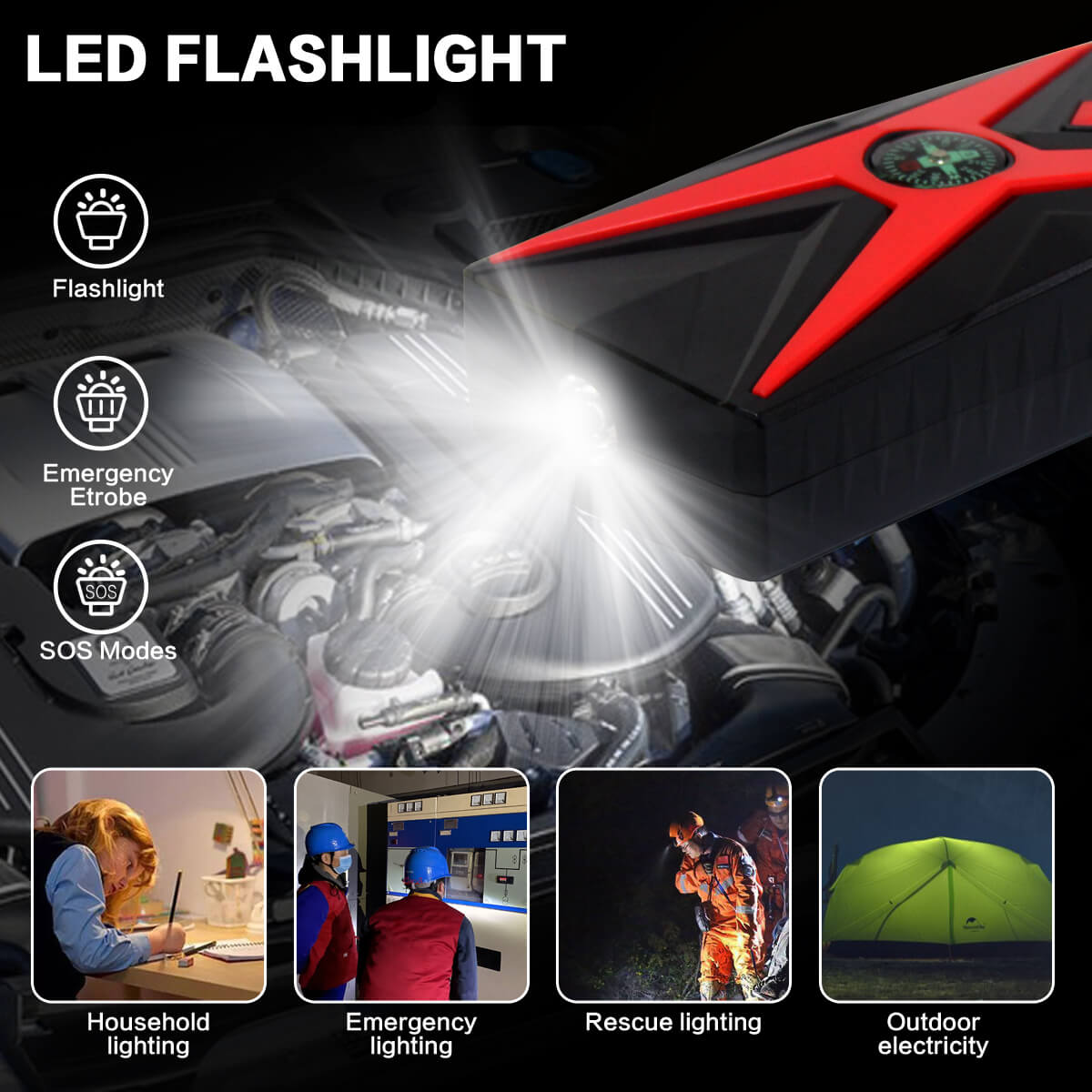 Inorising MS-402 lithium jump starter, providing flashlight, SOS, and strobe modes for emergencies.