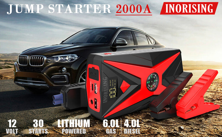 Inorising MS-402 lithium jump starter with 2000A peak current, powerful enough for car batteries and motorcycle jump starts.