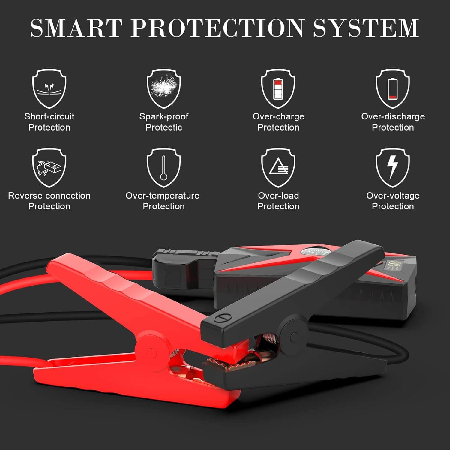 Heavy-duty smart clamps included with the Inorising MS-402 lithium jump starter for cars and motorcycles.