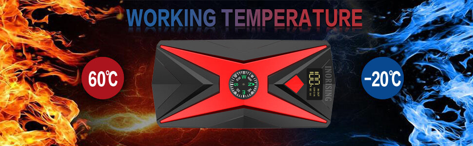 Inorising MS-402 lithium jump starter working reliably in extreme temperatures from -20°C to 60°C for all-weather car and motorcycle starts.